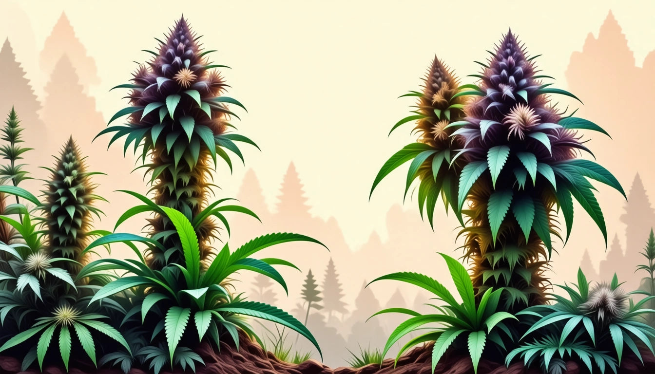 Two tall, spiky plants with purple and green leaves against a misty forest background