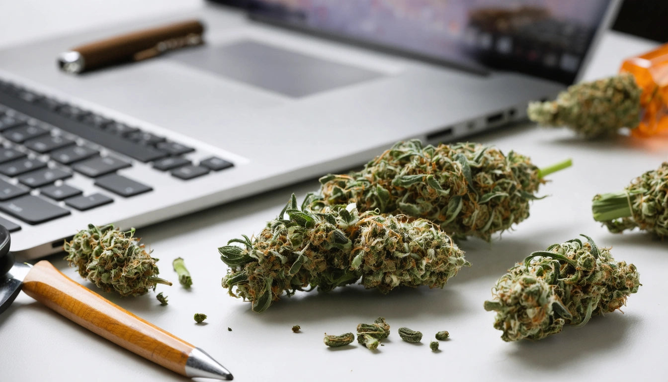 Laptop on table with cannabis buds, wooden pen, and orange pill bottle