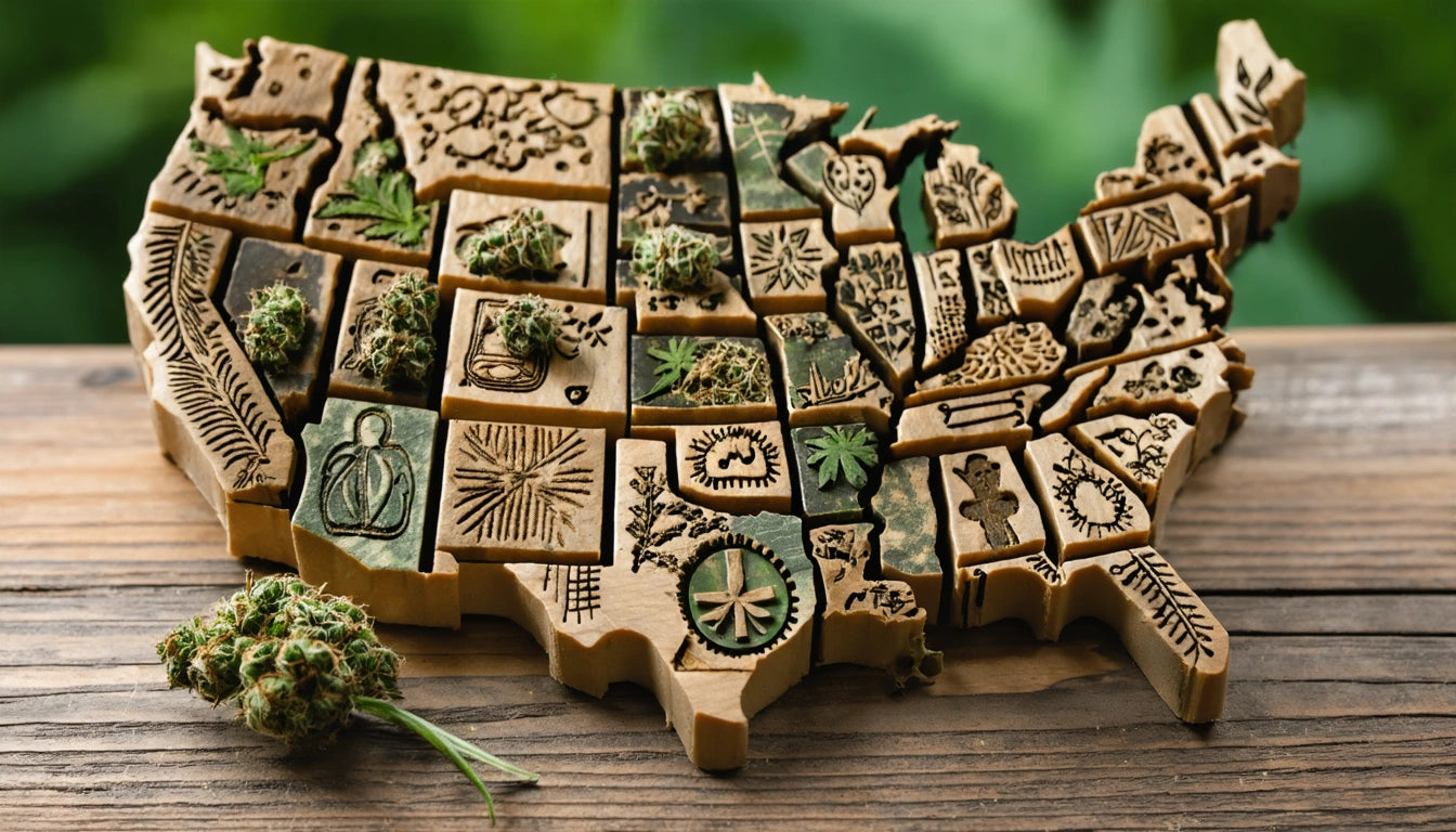 Wooden map of the United States with intricate carvings and small clusters of green plant buds on some states, on a wooden surface