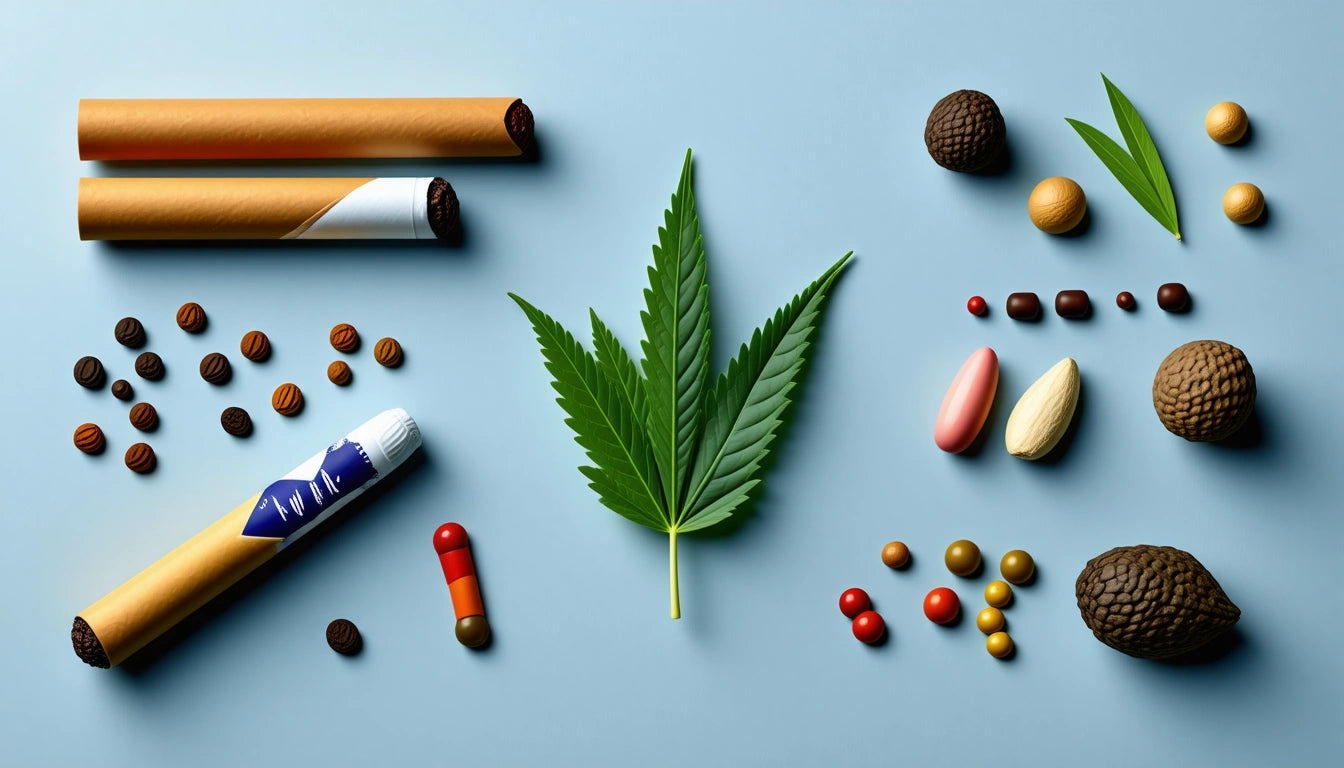 Cigarettes, cannabis leaf, pills, nuts, and seeds arranged on a light blue background