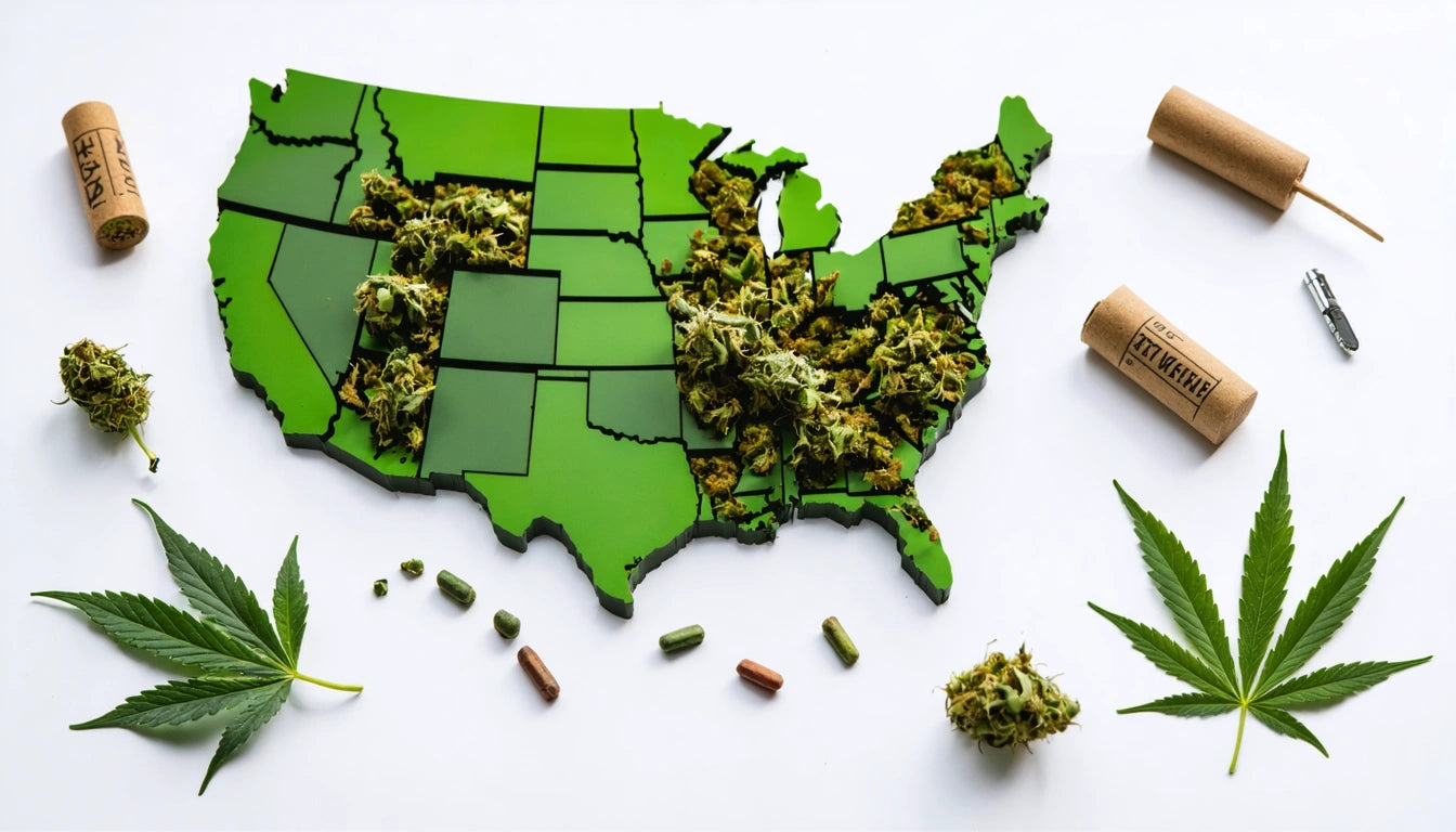 Green map of the United States filled with cannabis buds, surrounded by cannabis leaves, capsules, and corks on a white background
