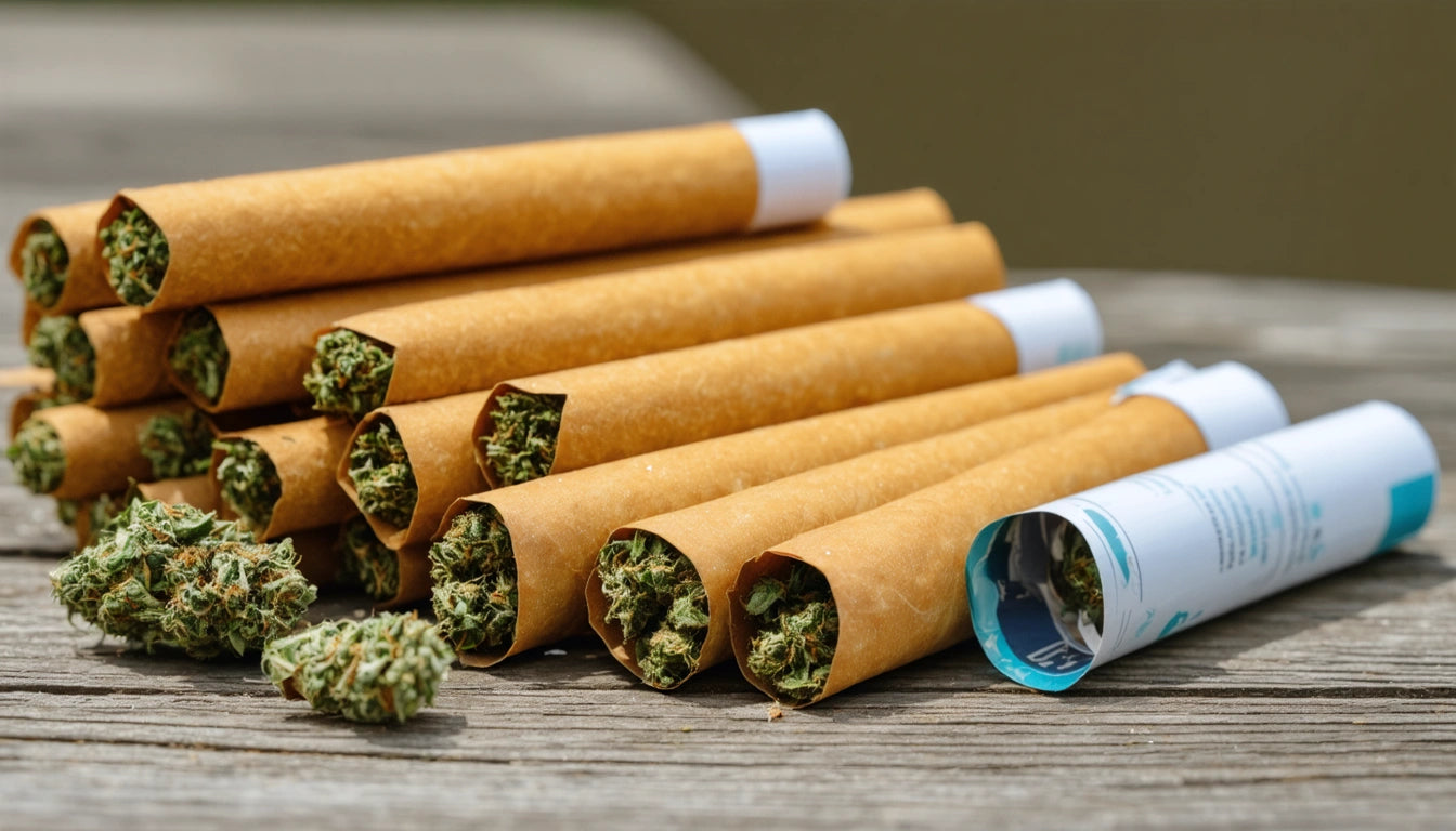 Rolled brown paper tubes filled with green plant material on wooden surface, some tubes open, scattered plant pieces nearby