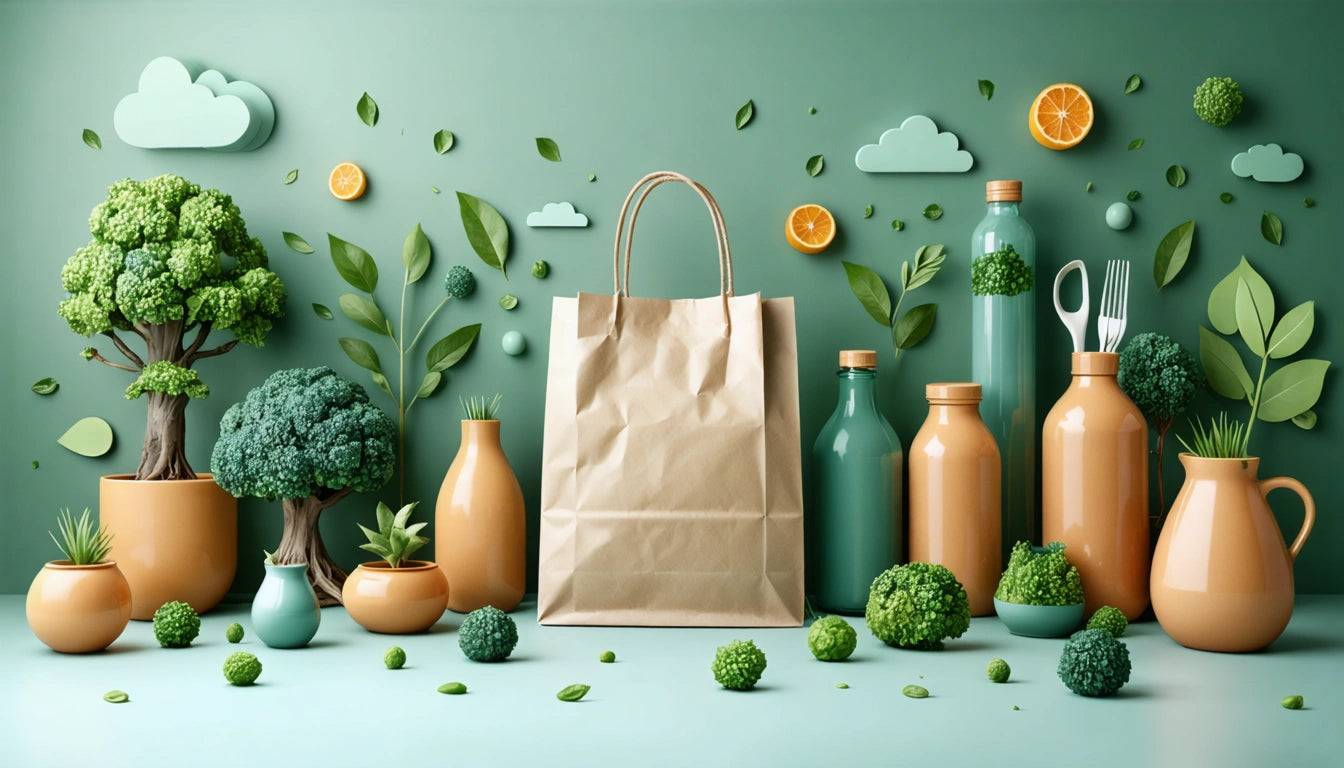 Brown paper bag surrounded by green and orange bottles, leafy plants, broccoli, and orange slices on a green background