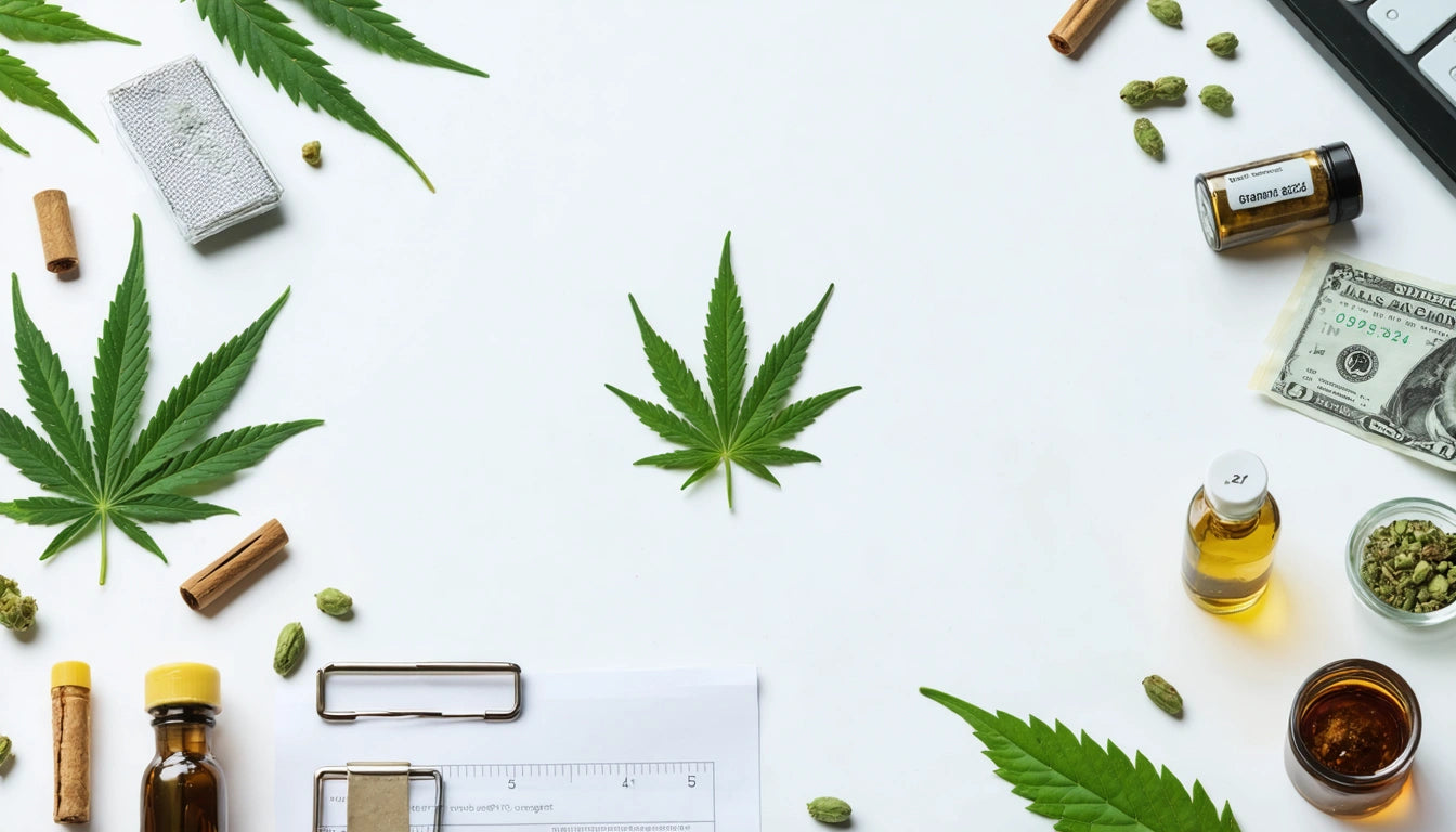 Cannabis leaf centered on white surface, surrounded by leaves, glass jars, capsules, and a ruler with paper