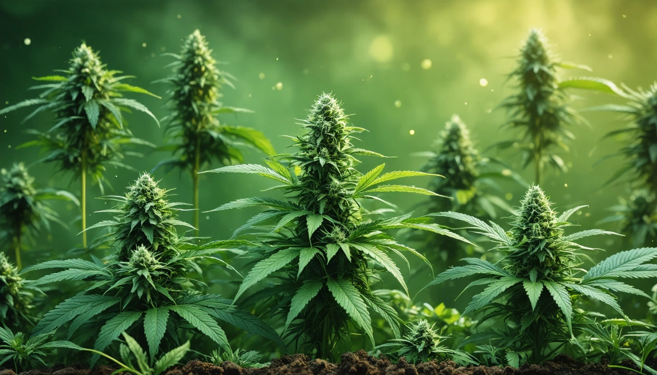 Green plants with pointed leaves and dense buds in a sunlit garden, with a soft focus background and small floating particles