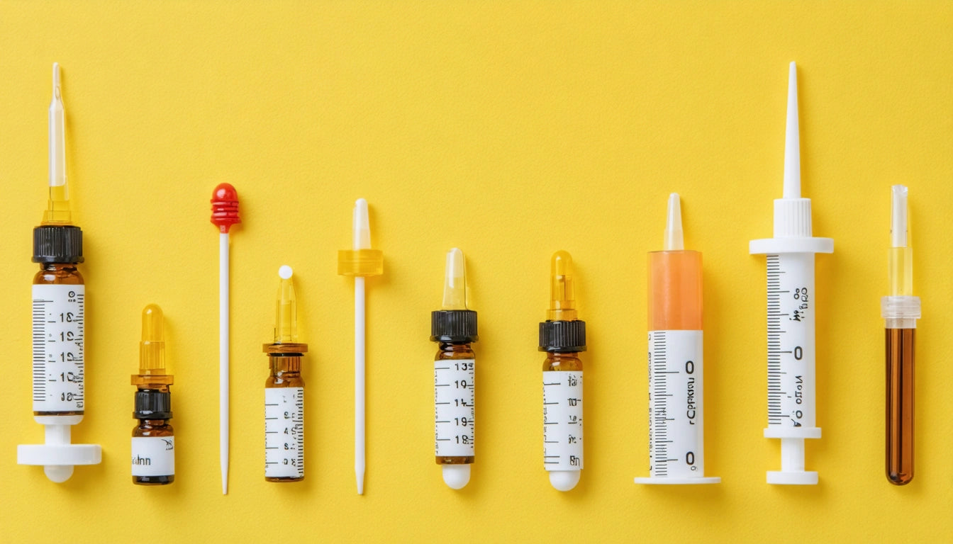 Various syringes and dropper bottles arranged in a row on a yellow background