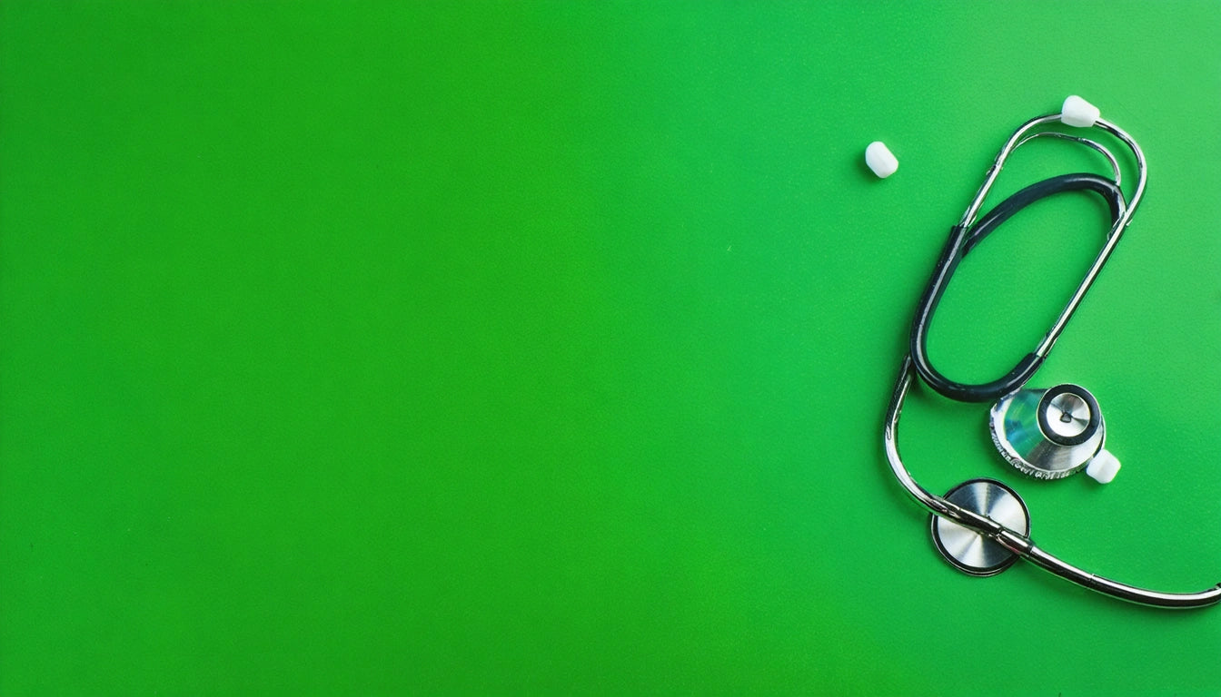 Stethoscope and two white pills on a bright green background