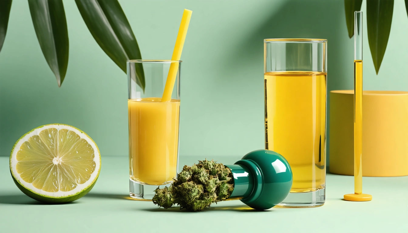 Half lime, cannabis bud, two glasses with yellow liquid, yellow straw, green background, large leaves hanging above