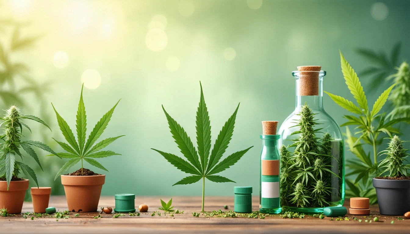 Potted cannabis plants, glass jars, and bottles on a wooden table with a blurred green background