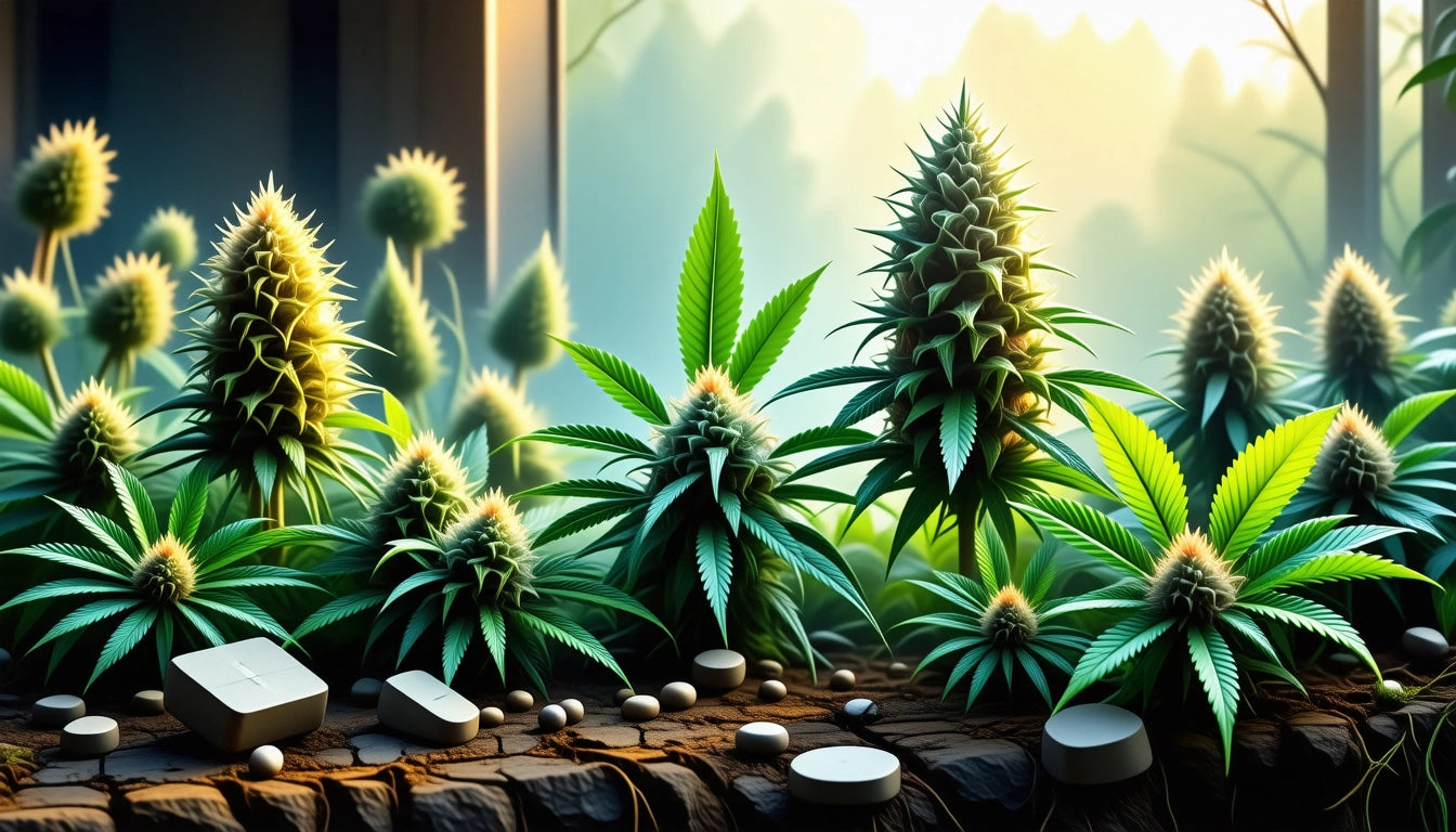 Dense green plants with spiky leaves and buds on a wooden surface, scattered with white and gray tablets, sunlight filtering through