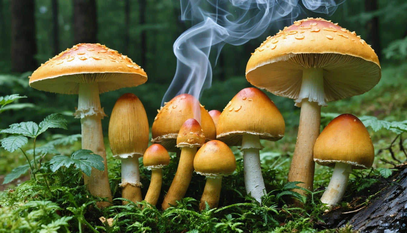 Orange mushrooms with white stems on mossy ground, surrounded by green leaves, with wisps of smoke rising in a forest setting