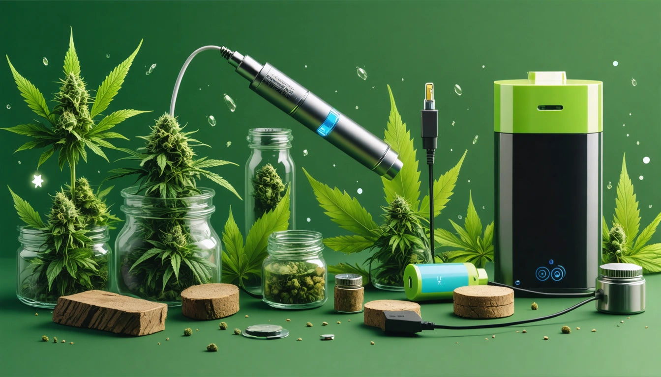 Glass jars with green plants, wooden slices, a metal device with a blue light, black and green gadget, and scattered leaves