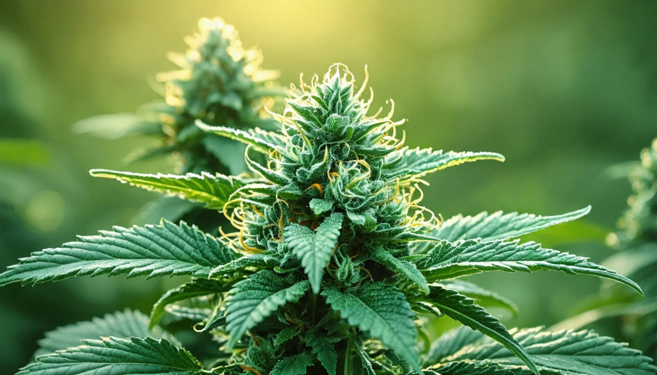Green plant with serrated leaves and dense, spiky clusters, backlit by warm sunlight, creating a glowing effect