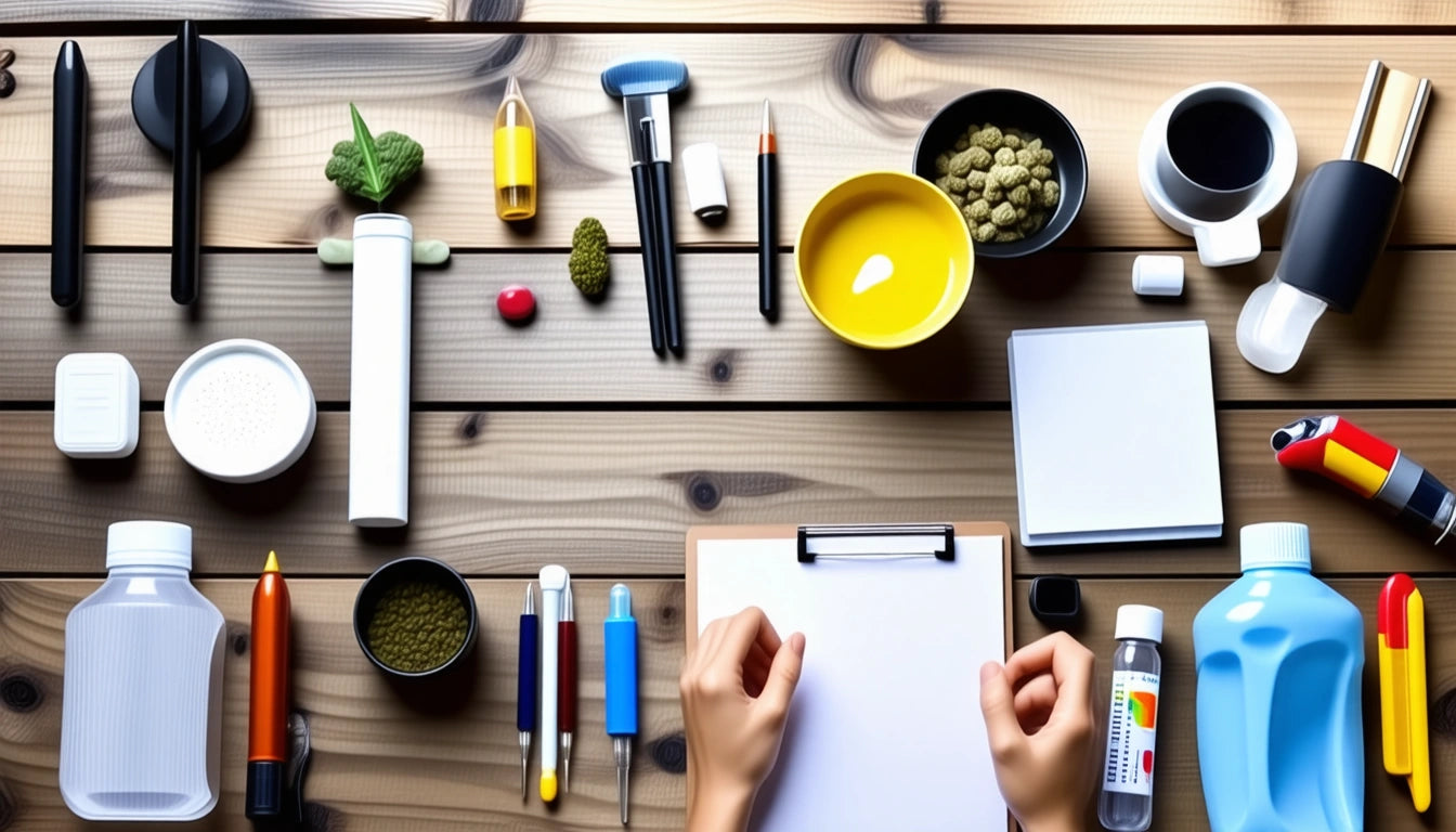 Hands holding a clipboard on a wooden table surrounded by various containers, pens, bowls, and colorful objects