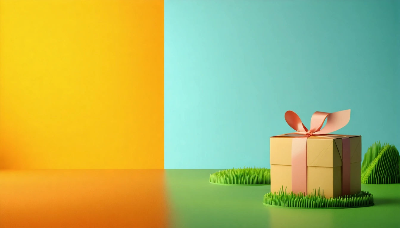 Gift box with pink ribbon on green grass, against a split yellow and blue background