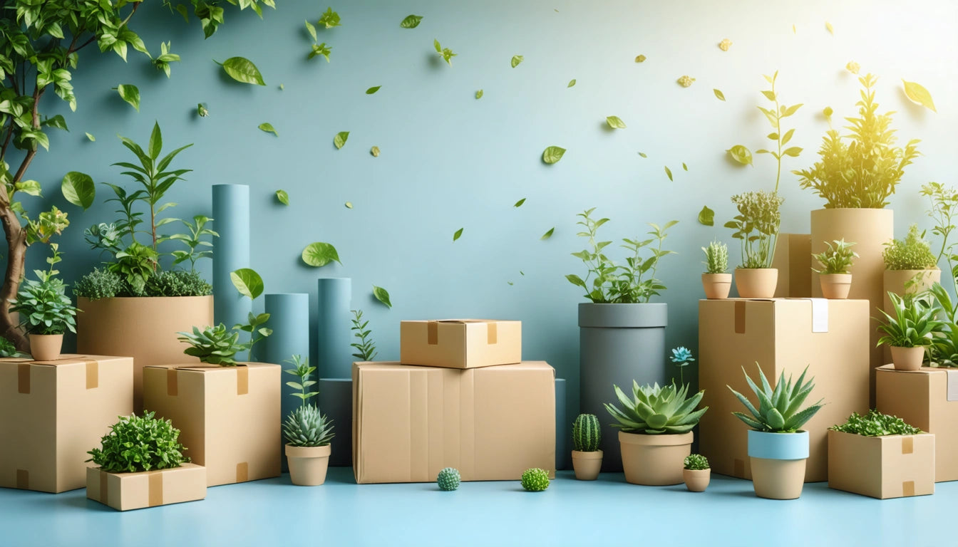 Cardboard boxes and potted plants on blue floor, light green wall with scattered leaves, soft sunlight from top right