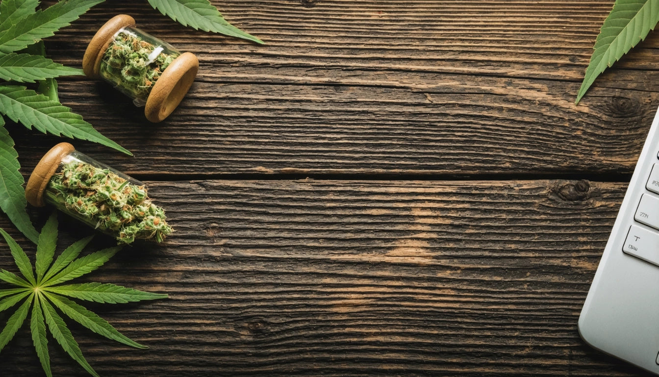 Wooden table with two jars of green buds, scattered leaves, and partial view of a white keyboard on the right