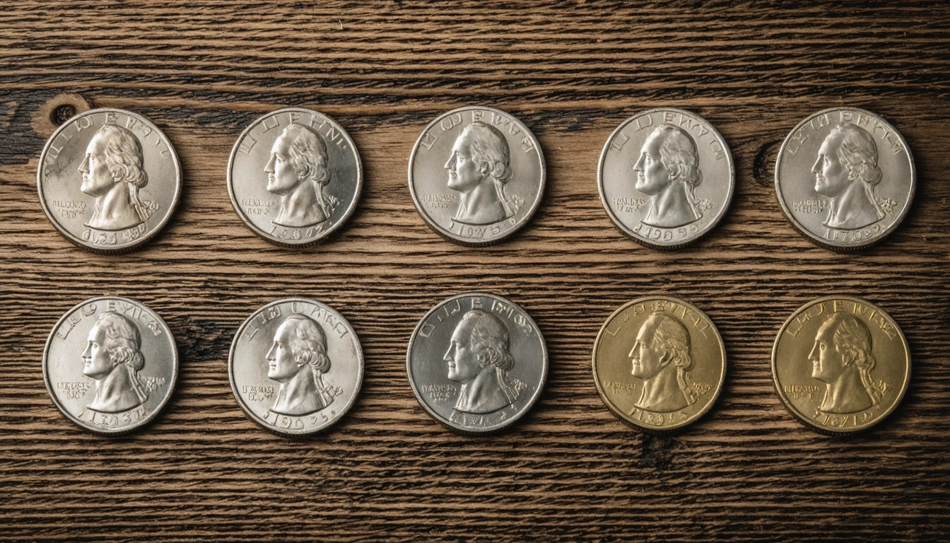 Ten coins in two rows on a wooden surface; nine silver, one gold