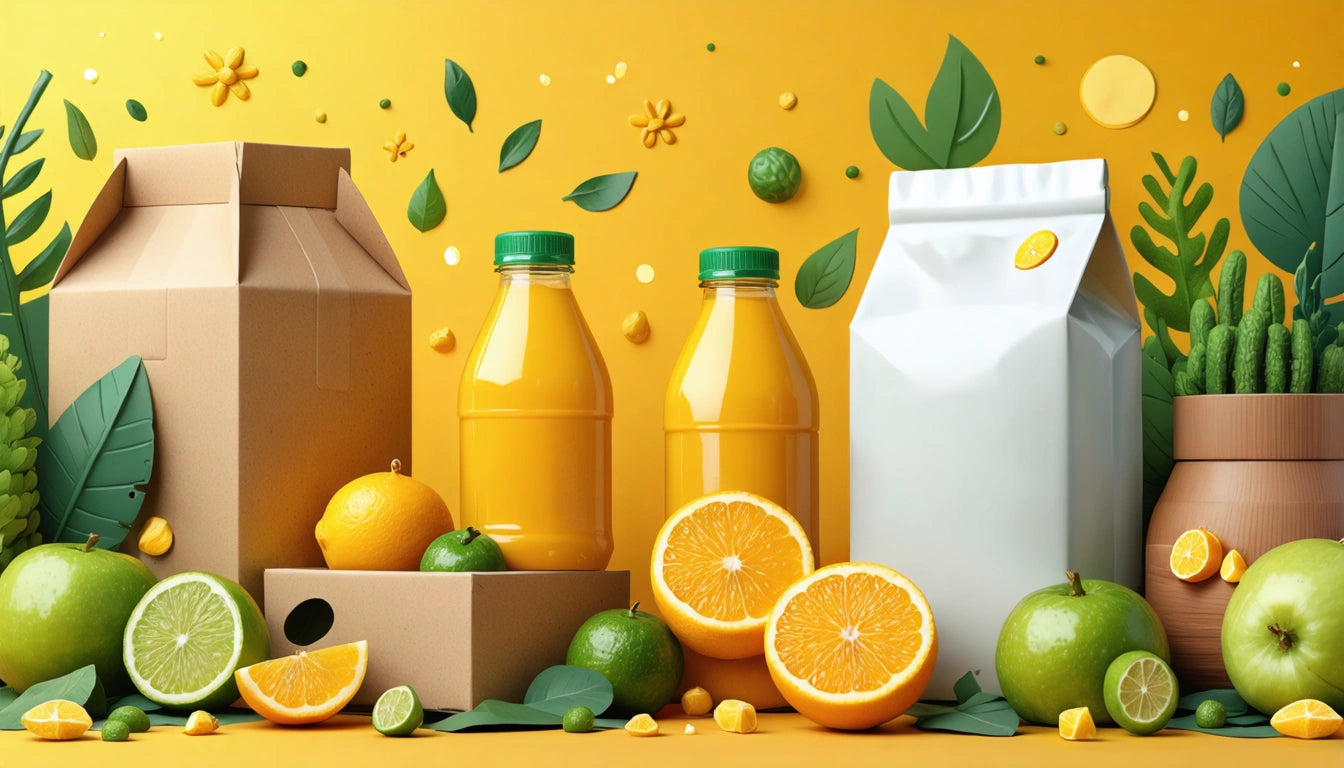 Cardboard boxes, orange juice bottles, and a white bag surrounded by oranges, lemons, limes, and green leaves on a yellow background