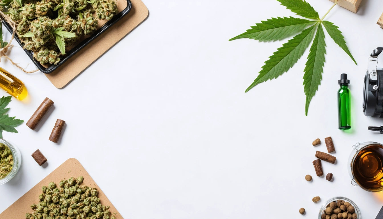 Dried herbs on trays, green leaf, camera, small bottles, seeds, and tea on a white surface