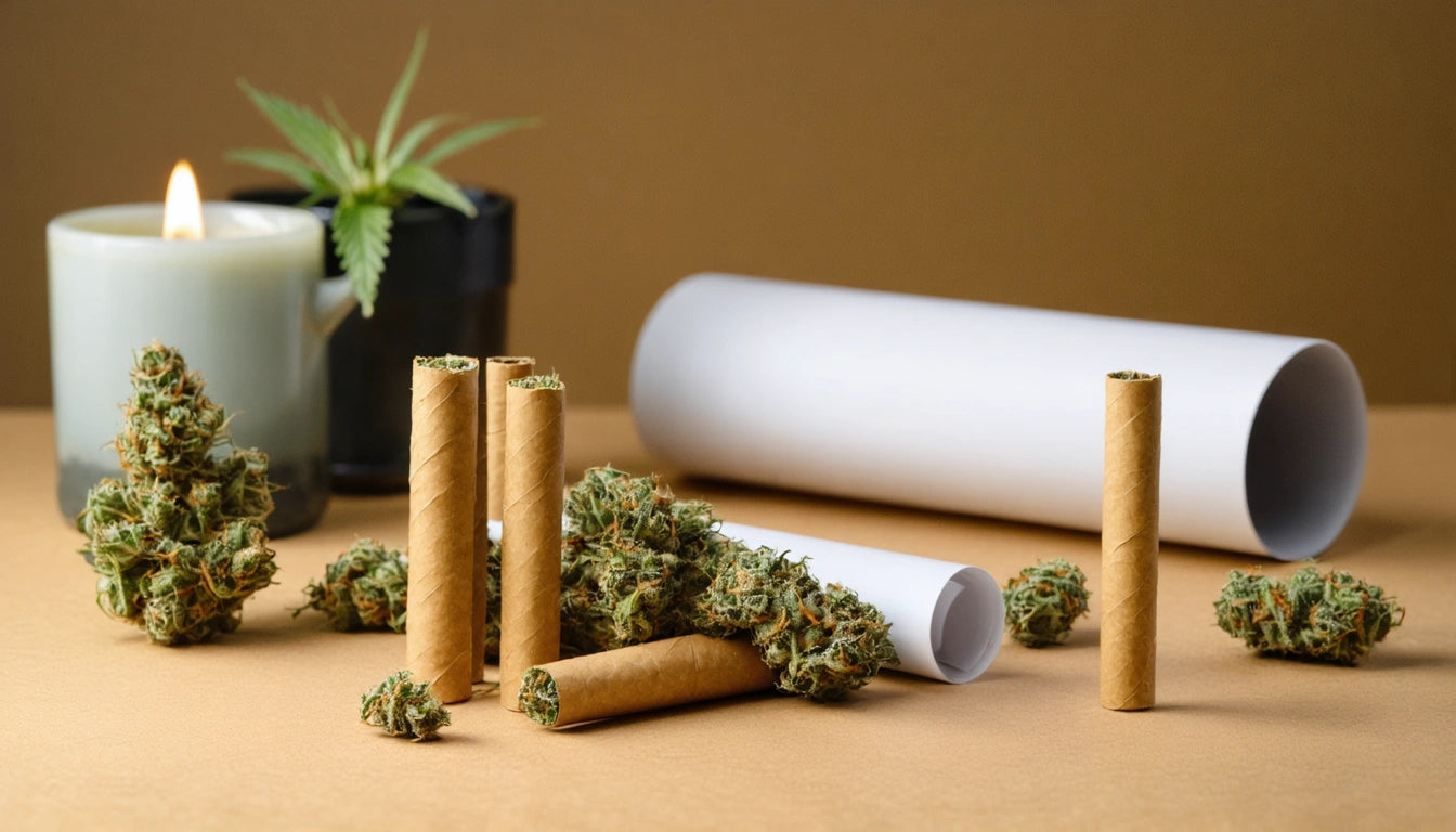 Rolled paper tubes, cannabis buds, lit candle, and potted plant on a beige surface