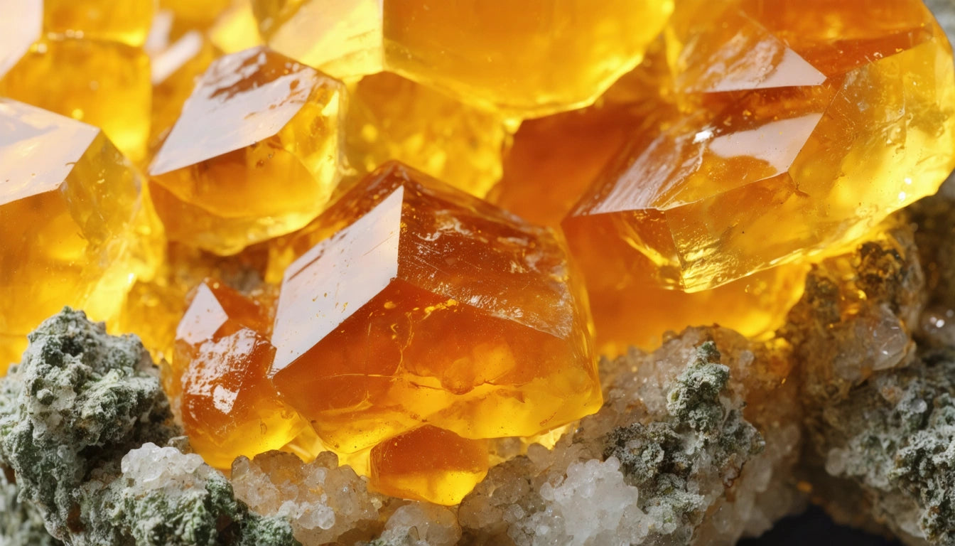 Cluster of translucent, amber-colored crystals with sharp edges, resting on a textured, green and white mineral base