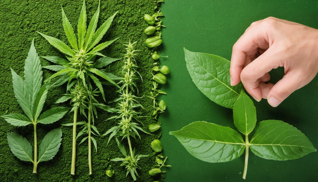 Hand holding three green leaves next to various green plants and buds on a textured green surface