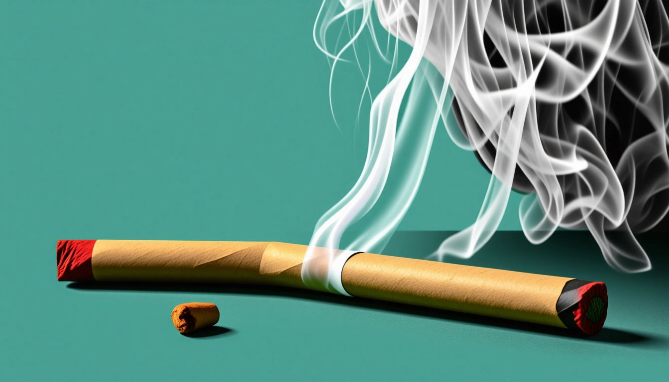Burning incense stick with smoke swirling upward, placed on a teal surface with a small piece of incense nearby
