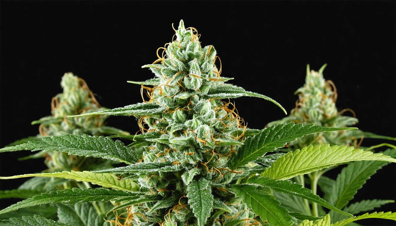 Dense green plant with pointed leaves and orange strands, set against a black background