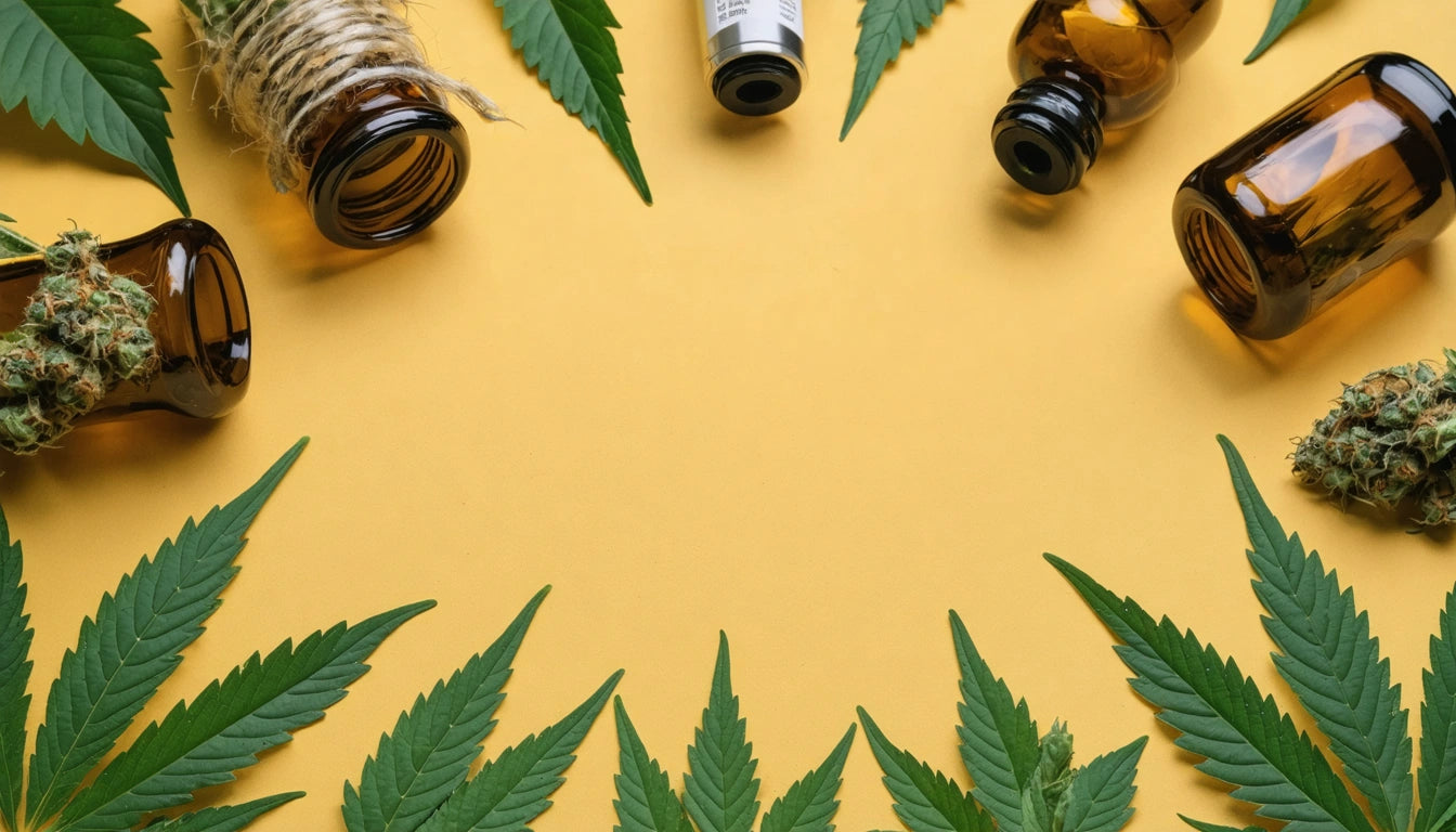 Brown glass bottles and cannabis leaves arranged on a yellow background