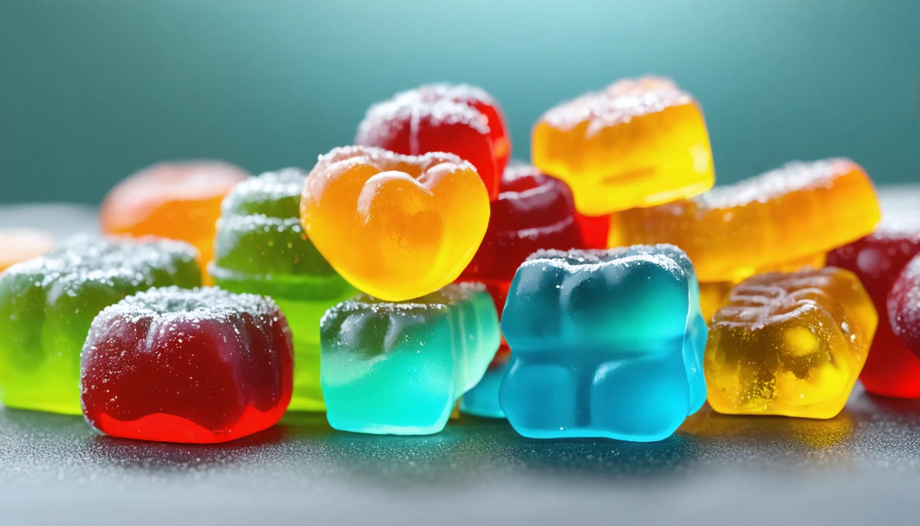 Colorful gummy candies stacked, dusted with sugar, in red, orange, yellow, green, and blue, on a smooth surface