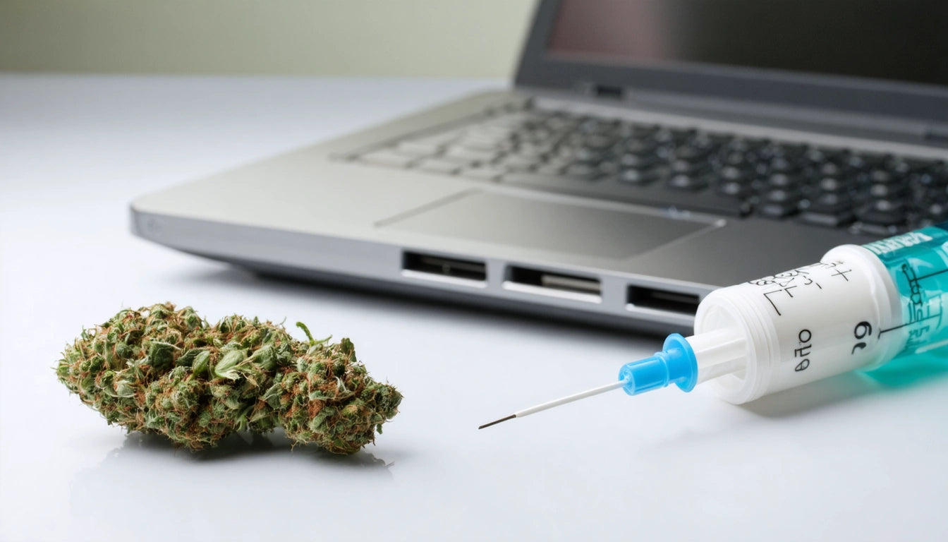 Laptop on white surface, syringe with blue liquid, and a cannabis bud nearby