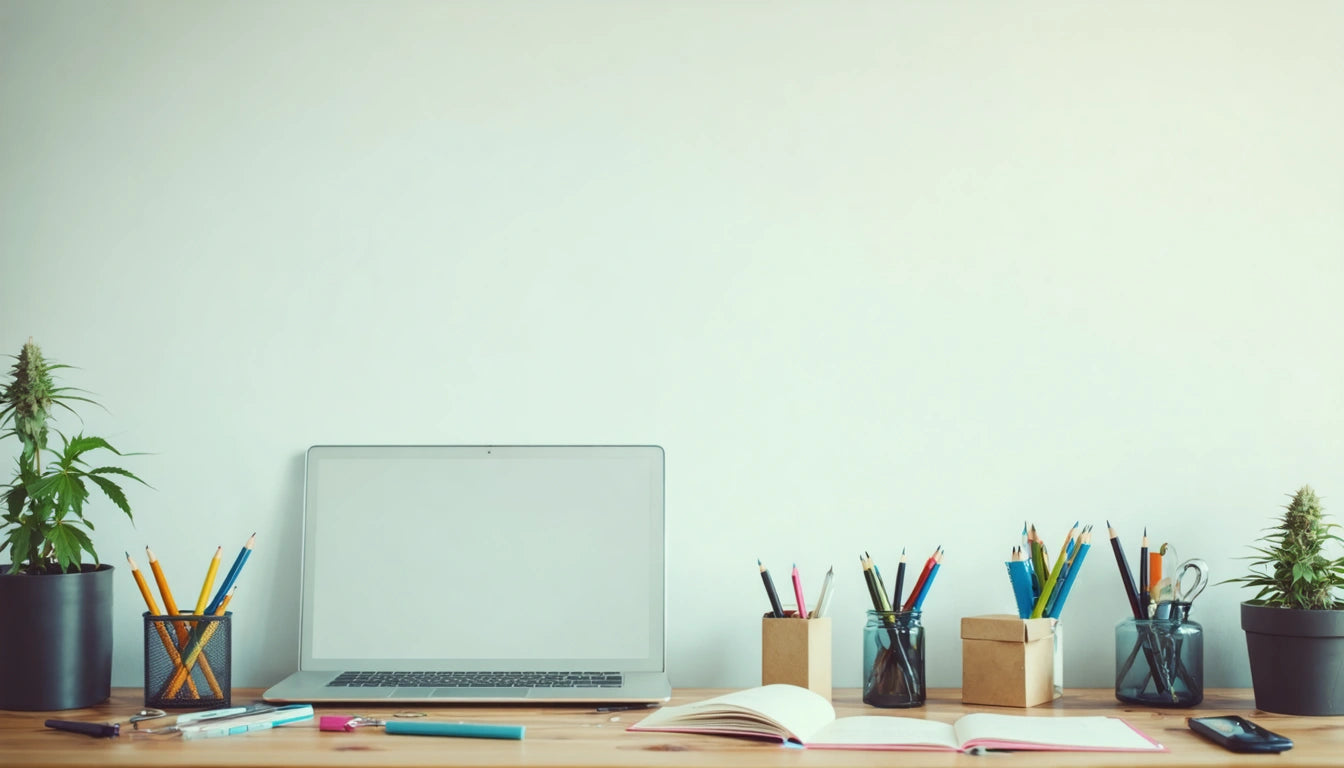 Laptop on wooden desk with open notebook, pens in holders, potted plants on both sides, against a plain white wall