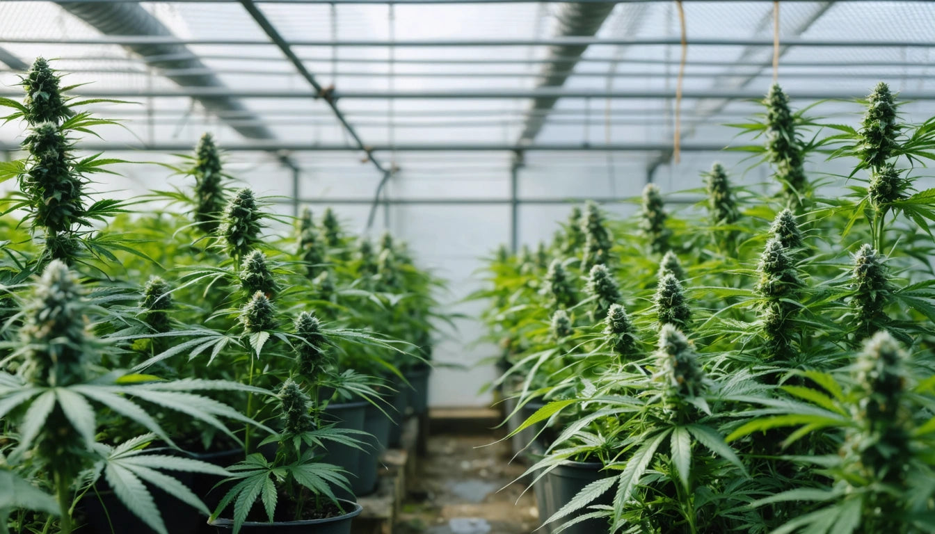 Rows of green plants with pointed leaves in pots under a greenhouse structure with a metal frame and transparent roof