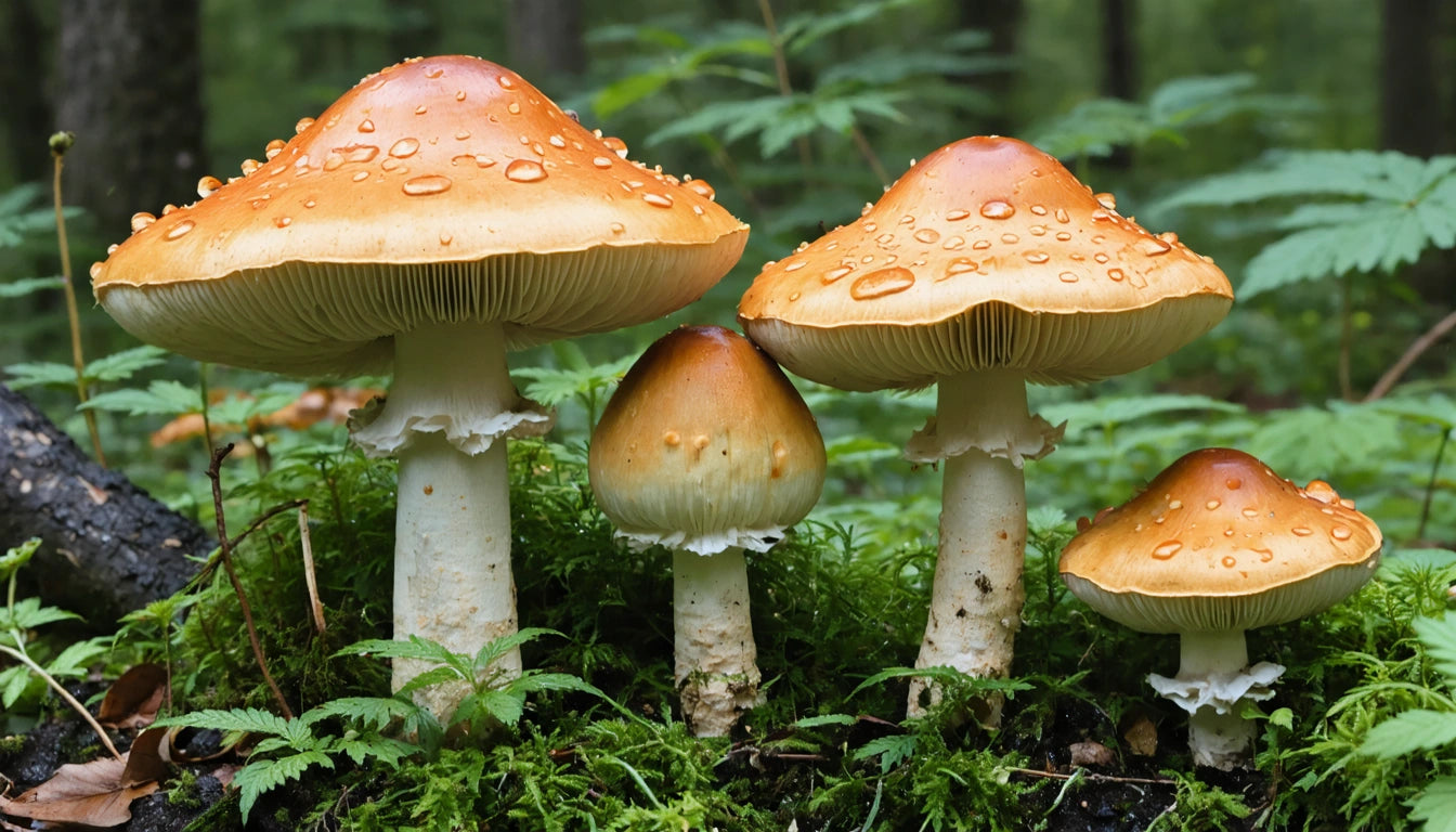 Four orange-capped mushrooms with water droplets, surrounded by green moss and plants in a forest setting