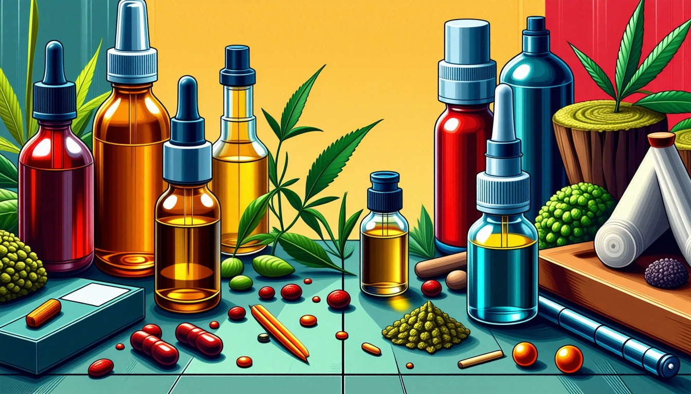 Bottles with droppers, pills, leaves, and herbs on a tiled surface, with a yellow background