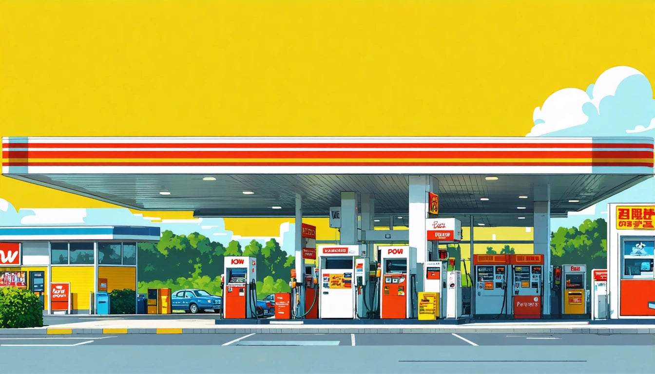Gas station with red and white pumps, yellow canopy, and parked blue car; trees and bright yellow sky in the background