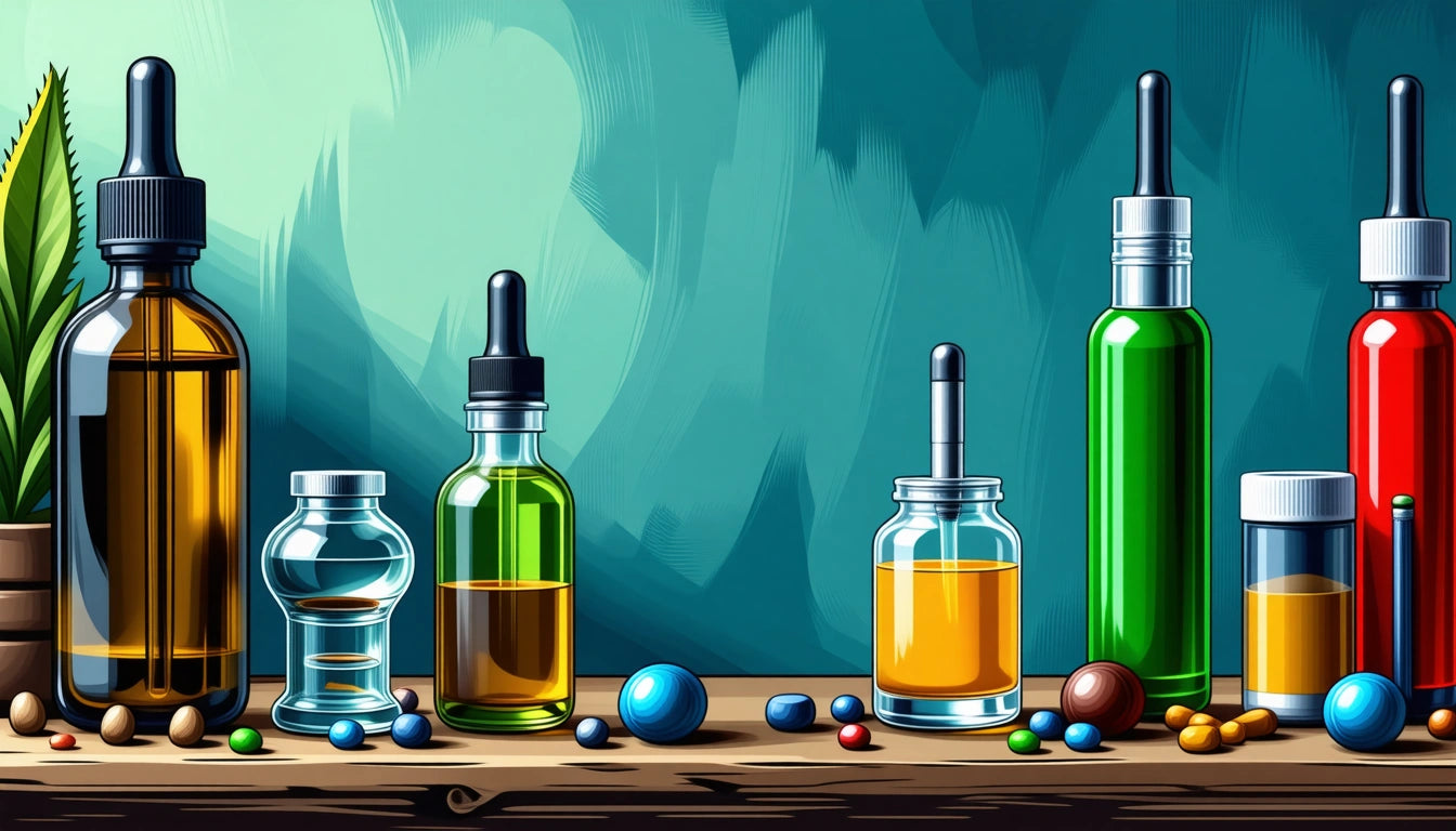 Various colored glass bottles with droppers on a wooden surface, surrounded by small round objects, plant in background