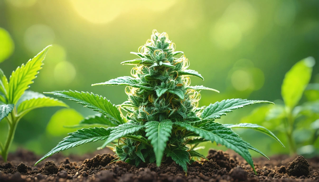 Green plant with broad leaves and dense, conical bud, growing from soil against a blurred green and yellow background