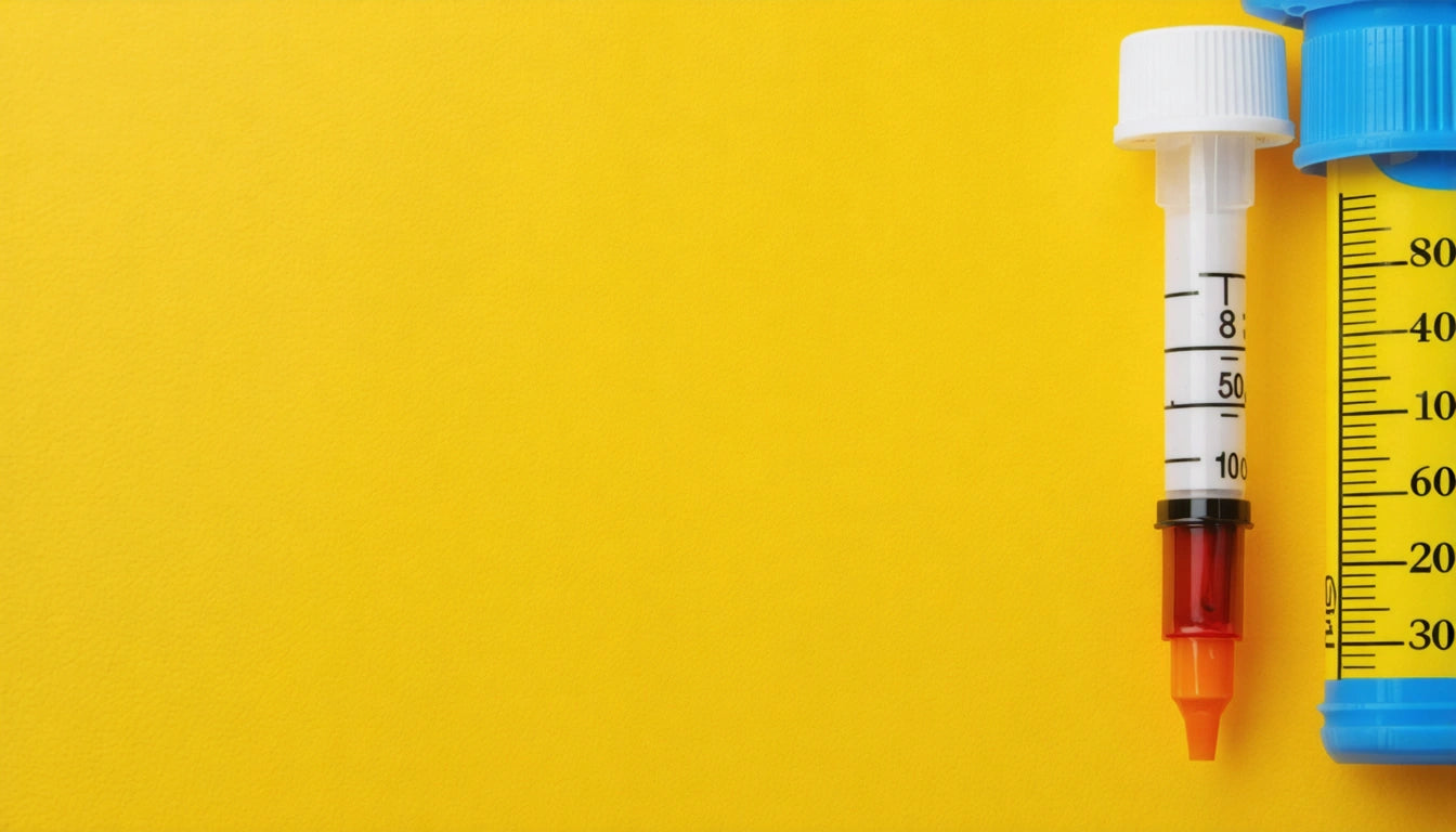 White syringe with red liquid, blue plunger, and black markings on a bright yellow background