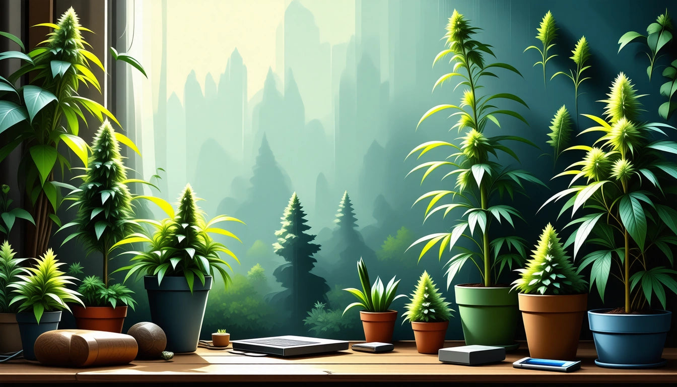 Potted plants on a wooden table by a window, with a forest view in the background and various small objects scattered around