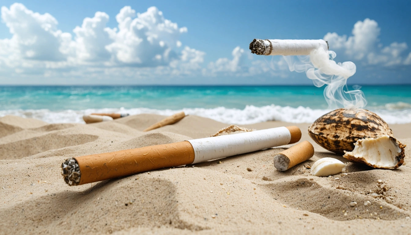 Cigarettes and seashell on sandy beach, smoke rising, ocean waves in background, blue sky with scattered clouds