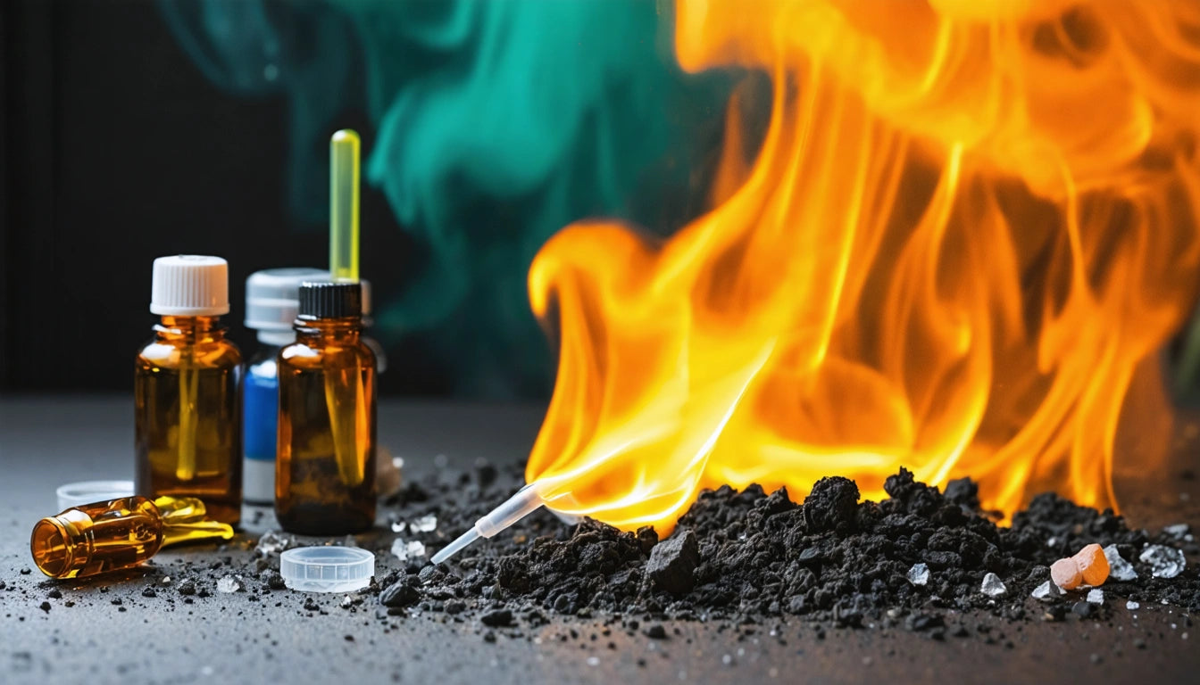 Orange flames rise from black coals, with glass vials and a syringe nearby on a dark surface