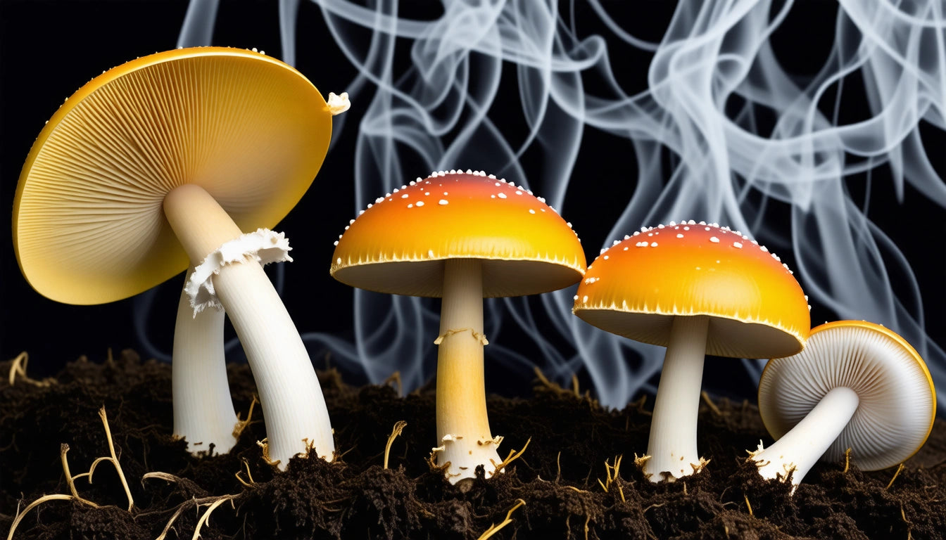 Four orange-capped mushrooms with white stems on dark soil, surrounded by swirling white smoke against a black background