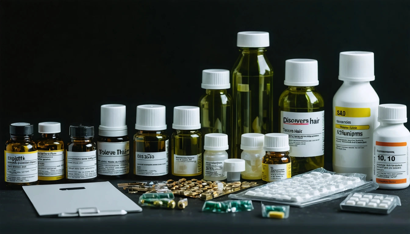Various medicine bottles, blister packs, and capsules arranged on a dark surface with a black background