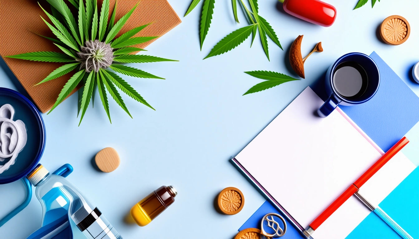 Assorted items on a blue surface: leaves, notebook, mug, cookies, paintbrushes, bottle, and red capsule