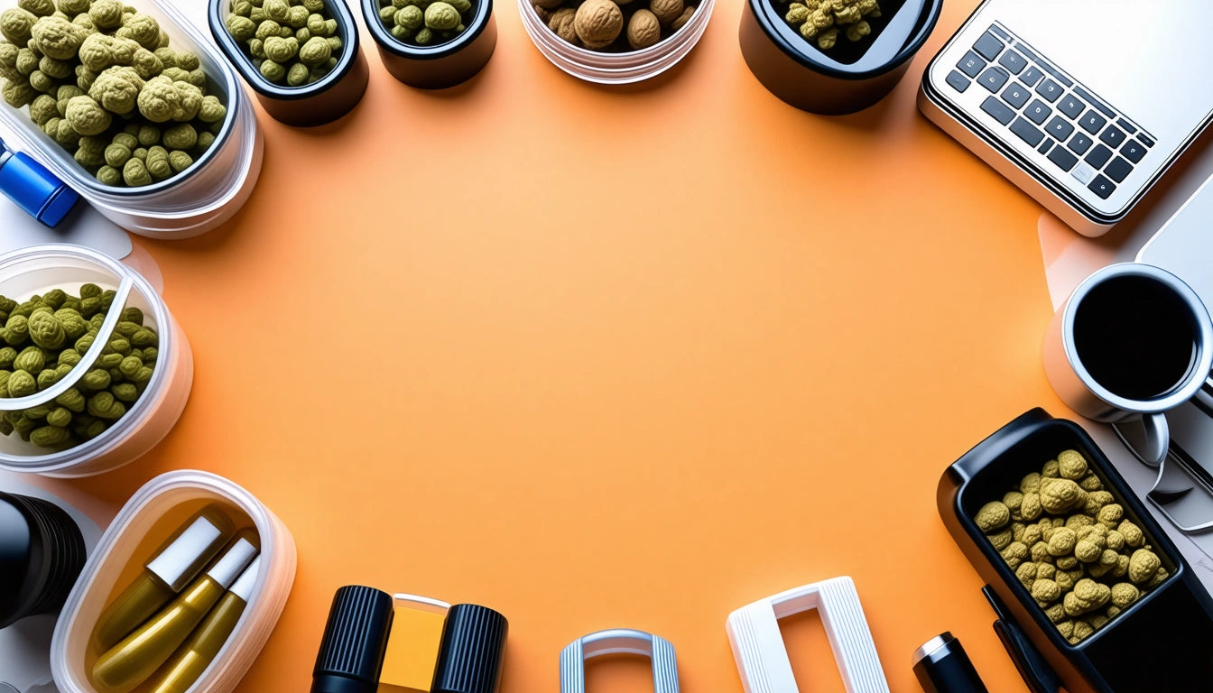 Orange surface surrounded by containers of green snacks, a laptop, a coffee cup, and various small gadgets