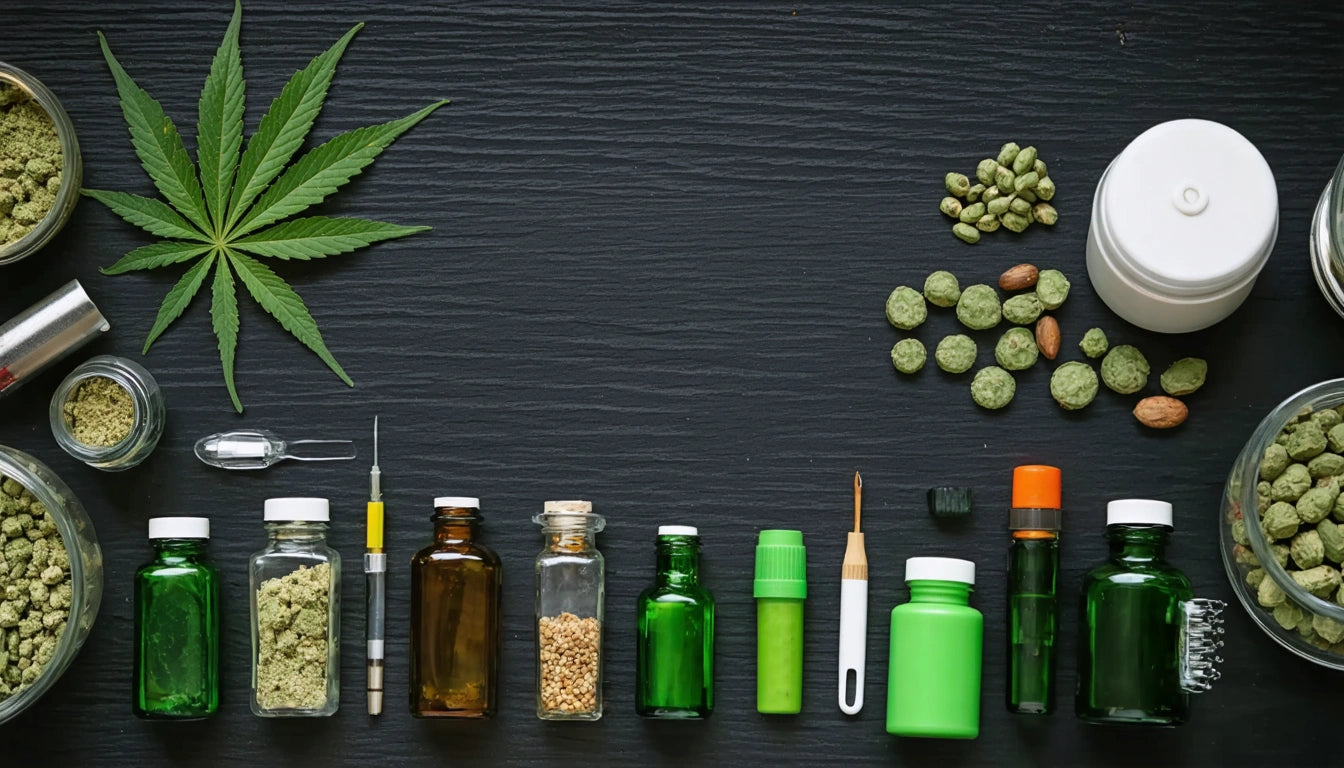 Assorted green and brown bottles, cannabis leaf, grinder, and tools on black textured surface