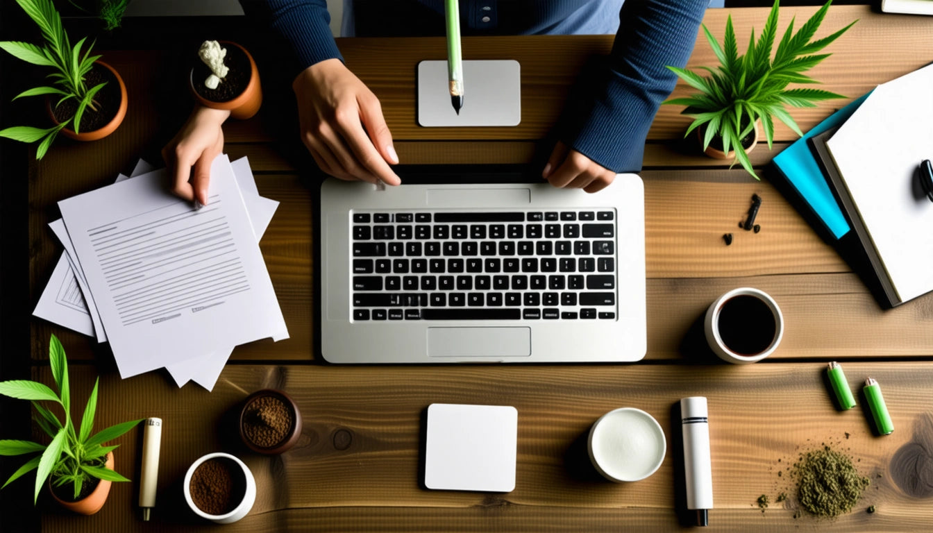 Hands holding papers over a laptop on a wooden desk, surrounded by potted plants, coffee cup, and stationery