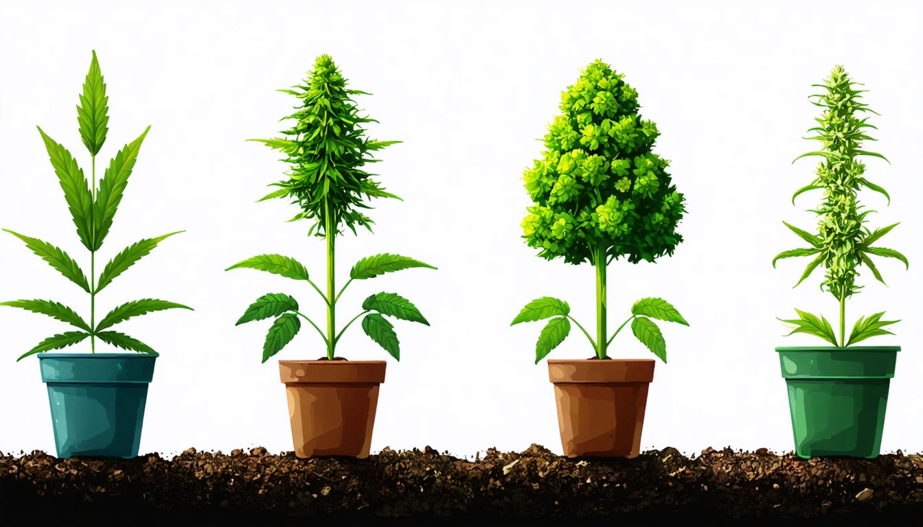 Four potted plants with varying leaf shapes and sizes, set against a white background with soil at the base